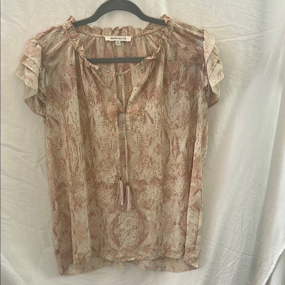 Rose + Olive Blush Snakeskin Print Tassel Blouse Size M